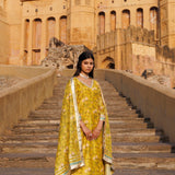 Cyber Yellow Chanderi Kurta Set With Prints And Lace Work