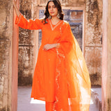 Vibrant Orange Cotton Kurta Set With Organza Dupatta
