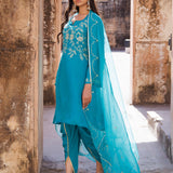 Blue Green Silk Kurta Set With Aari Embroidery