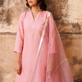 Pastel Pink Uppada Silk Kurta Set With Aari Embroidery