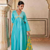 Sky Blue Cotton Kurta Set With Chiffon Dupatta