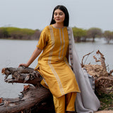 Mustard And Grey Cotton Kurta Set With Hand Embroidery