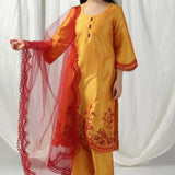 Yellow Raw Silk Embroidered Kurti With Pants And Contrast Dupatta