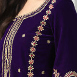 Purple Velvet Kurti With Gold Zari And Resham Thread Work With Dupatta Set
