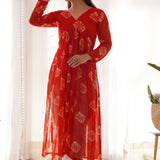 Red Coral Kurti Set With White Pants