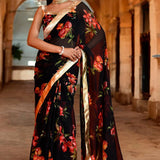 Black Floral Printed Chiffon Saree