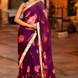 Purple Lotus Printed Chiffon Saree