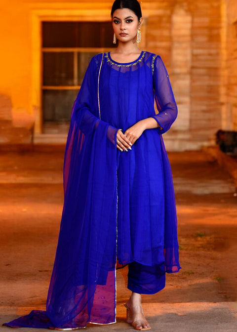 <img> Tiger Orange Taffeta Silk Anarkali Set With Zari Woven Dupatta