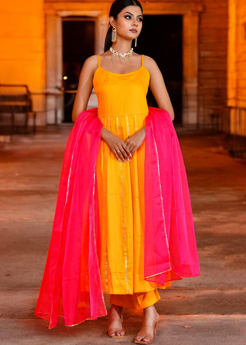 <img> Yellow Cotton Silk Anarkali Set