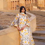 White Chanderi Kurta Set With Floral Prints