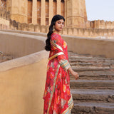 Coral Red Chanderi Kurta Set Floral Prints With Lace Work