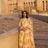 Yellow Chiffon Kurta Set With Floral Prints With Lace Work