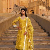Cyber Yellow Chanderi Kurta Set With Prints And Lace Work