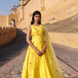 Yellow Chanderi Kurta Set With Floral Embroidery