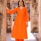 Vibrant Orange Cotton Kurta Set With Organza Dupatta