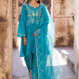 Blue Green Silk Kurta Set With Aari Embroidery