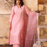 Pastel Pink Uppada Silk Kurta Set With Aari Embroidery