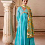 Sky Blue Cotton Kurta Set With Chiffon Dupatta