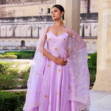 Lavender Cotton Silk Kurta Set With Organza Dupatta