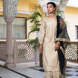 Gold Black Cotton Suit Hand Blocked In Antique Gold