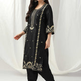 Black Raw Silk Dori Hand Embroidered Suit With Salwar And Dupatta