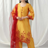Yellow Raw Silk Embroidered Kurti With Pants And Contrast Dupatta