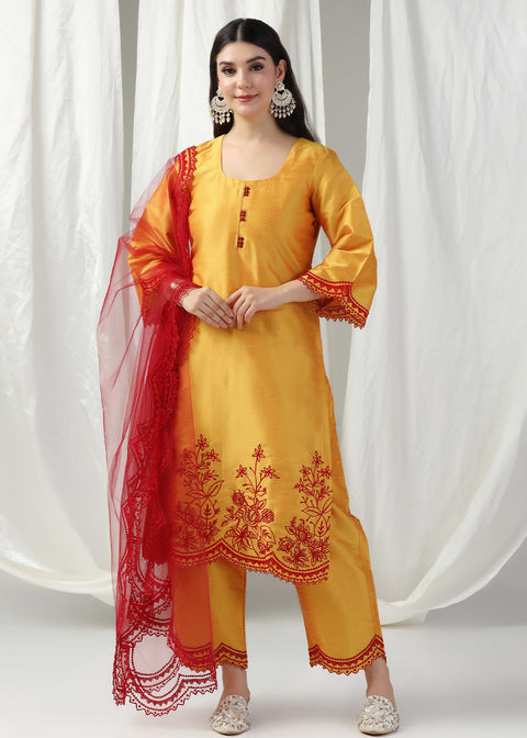 <img> Yellow Raw Silk Embroidered Kurti With Pants And Contrast Dupatta