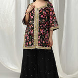 Black Designer Kurti With Georgette Sharara And Net Dupatta