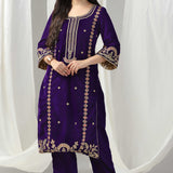 Purple Velvet Kurti With Gold Zari And Resham Thread Work With Dupatta Set
