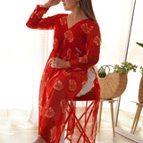 Red Coral Kurti Set With White Pants
