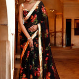 Black Floral Printed Chiffon Saree