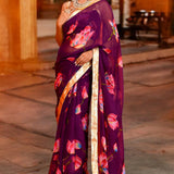 Purple Lotus Printed Chiffon Saree