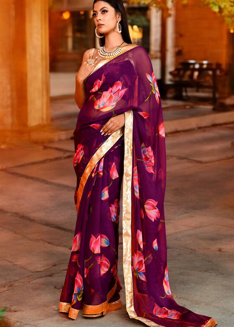 <img> Purple Lotus Printed Chiffon Saree