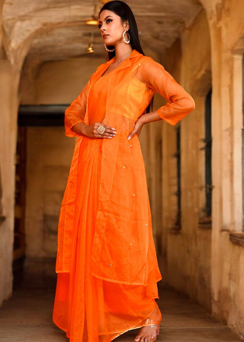 <img> Pastel Orange Saree Set With Organza Jacket