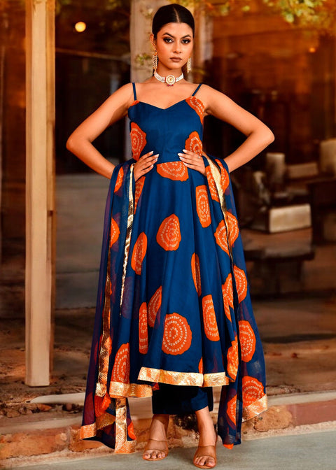 <img> Navy Blue Chiffon Anarkali Set