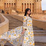 White Chanderi Kurta Set With Floral Prints