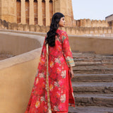 Coral Red Chanderi Kurta Set Floral Prints With Lace Work
