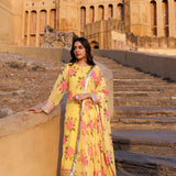Yellow Chiffon Kurta Set With Floral Prints With Lace Work