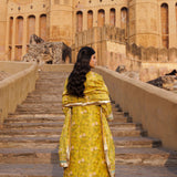 Cyber Yellow Chanderi Kurta Set With Prints And Lace Work
