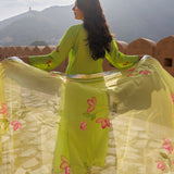 Light Green Silk Kurta Set With Floral Embroidery