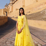 Yellow Chanderi Kurta Set With Floral Embroidery