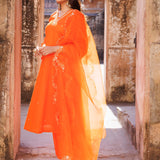 Vibrant Orange Cotton Kurta Set With Organza Dupatta