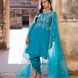 Blue Green Silk Kurta Set With Aari Embroidery
