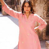 Pastel Pink Uppada Silk Kurta Set With Aari Embroidery