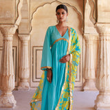 Sky Blue Cotton Kurta Set With Chiffon Dupatta