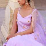 Lavender Cotton Silk Kurta Set With Organza Dupatta