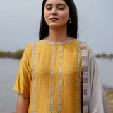 Mustard And Grey Cotton Kurta Set With Hand Embroidery