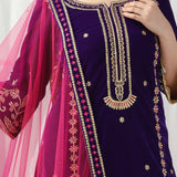 Purple Velvet Kurti With Gold Zari And Resham Thread Work With Dupatta Set