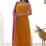 Yellow Bandhani Anarkali With Dupatta
