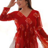 Red Coral Kurti Set With White Pants